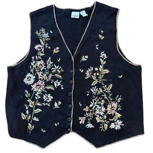 Vtg Sweater Vest Cottagecore Embroidered Beaded Knit Size 18W